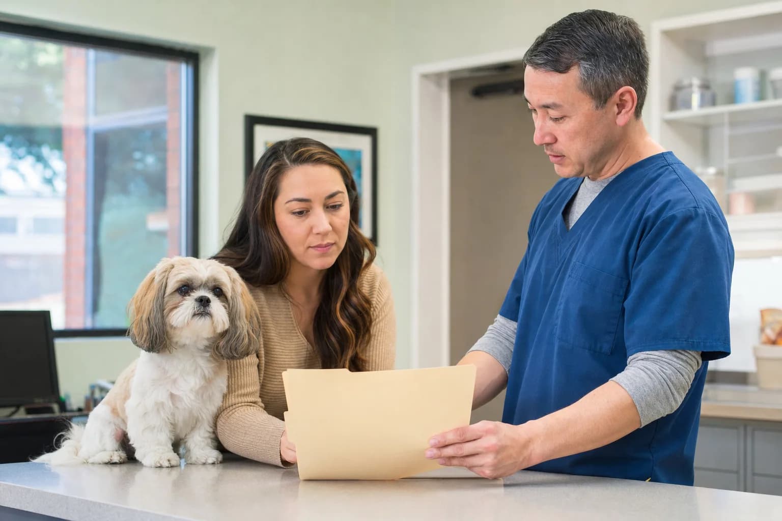 Calm veterinary checkout with Shih Tzu owner reviewing an estimate and pet-care budget folder