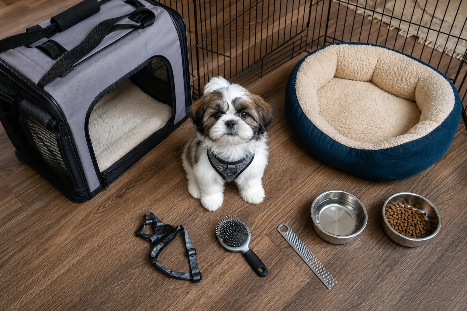 Practical Shih Tzu starter setup with carrier harness grooming tools bed and bowls