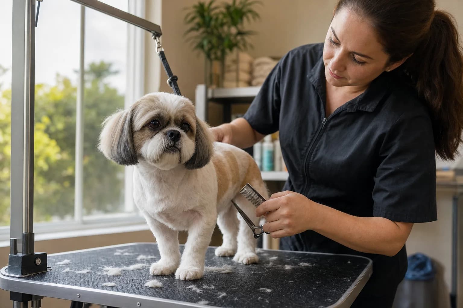 Professional groomer shaping a comfortable puppy cut on a relaxed Shih Tzu