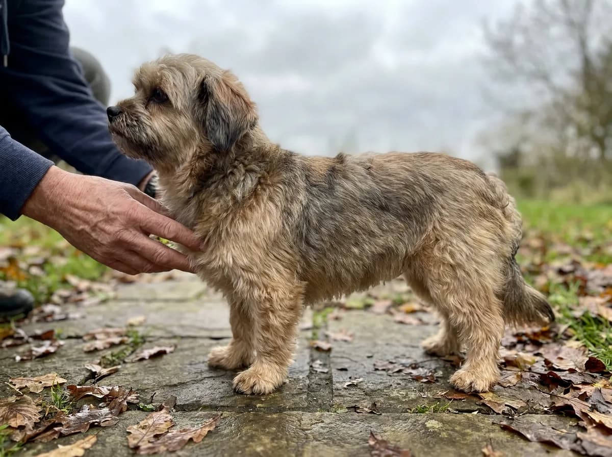 Adult gray-and-tan Shorkie standing beside a person outdoors