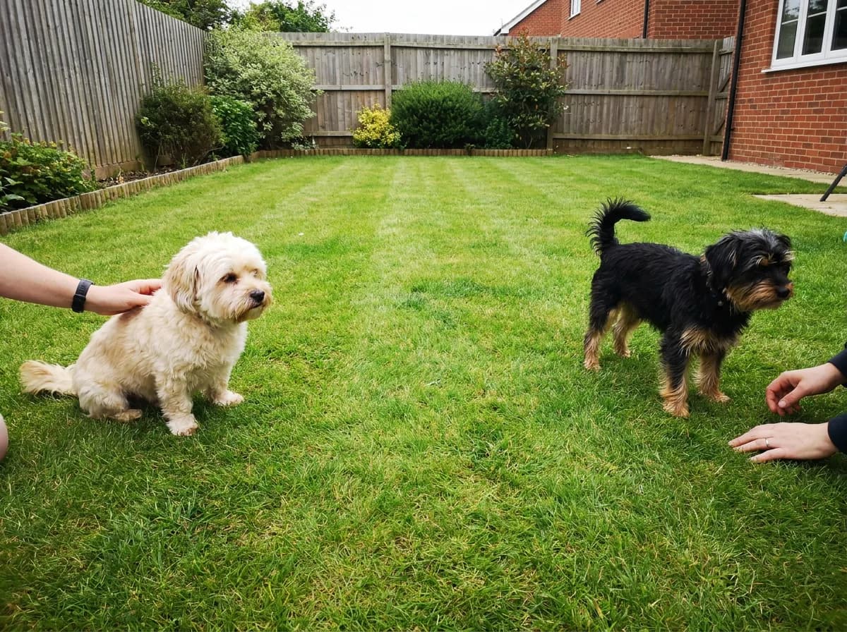 Two adult Shorkies with different coats standing and sitting in a garden