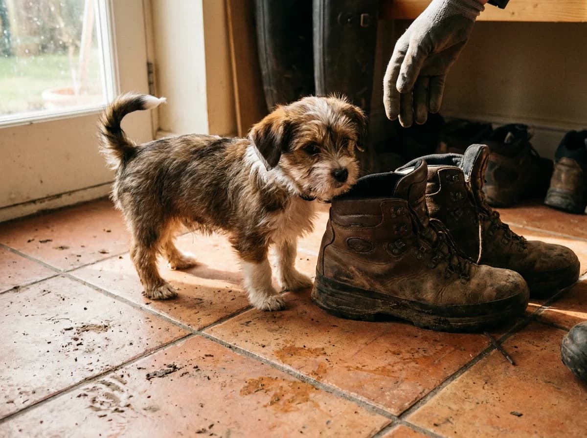 Young Shorkie standing beside an adult pair of boots