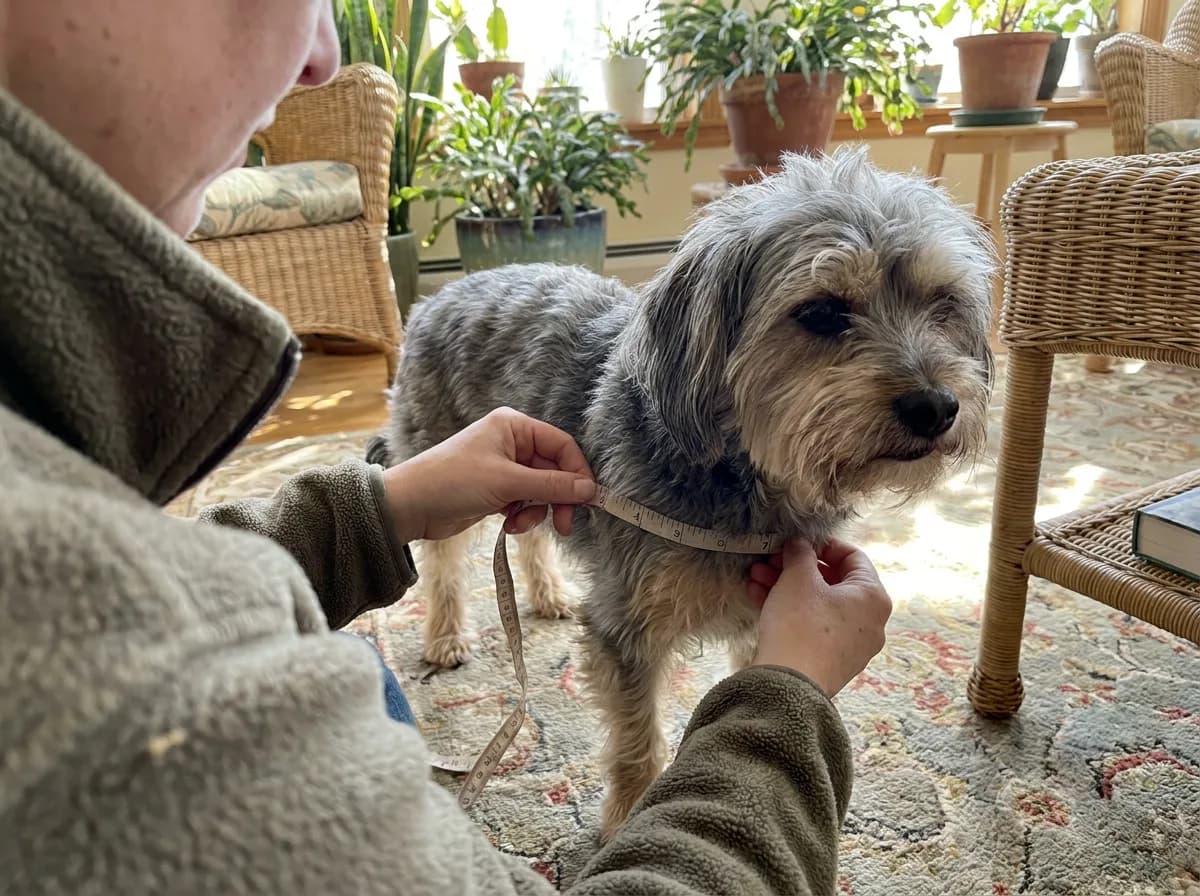 Person holding a measuring tape around a Shorkie neck