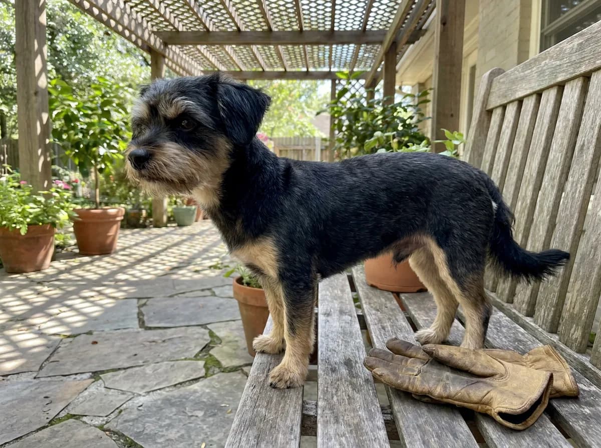 Black-and-tan Shorkie with a short body coat standing on a bench
