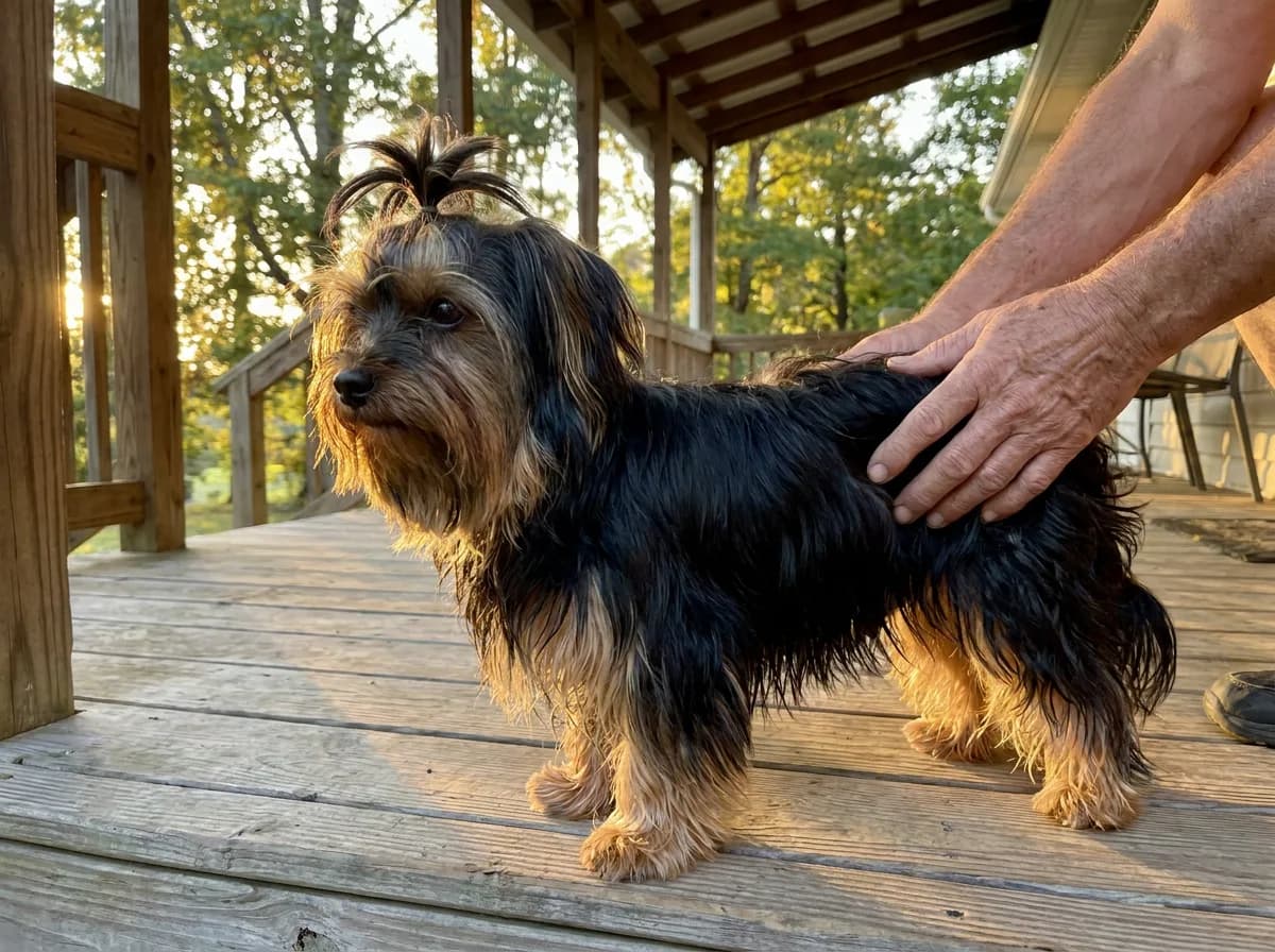 Shorkie with a longer dark coat and tied-up head hair