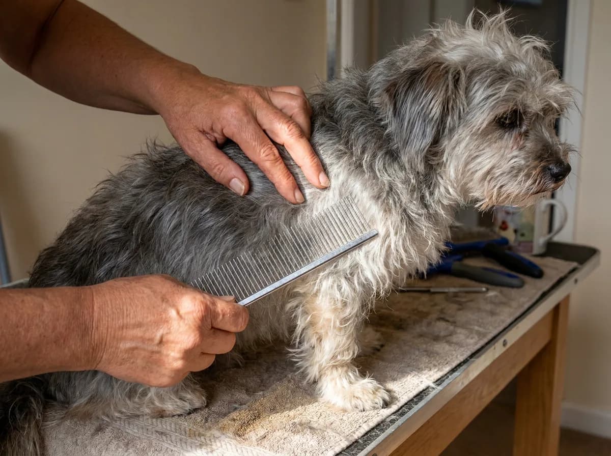 Person using a metal comb through a gray Shorkie coat