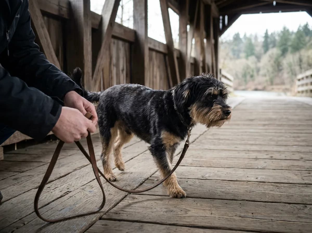 Black-and-tan Shorkie in a short trim standing beside a person