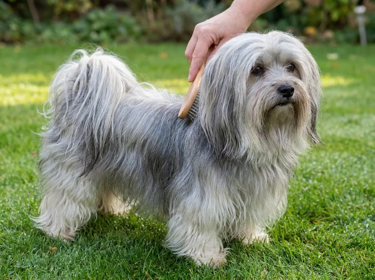 Gray-and-white Shorkie with a long coat standing on grass