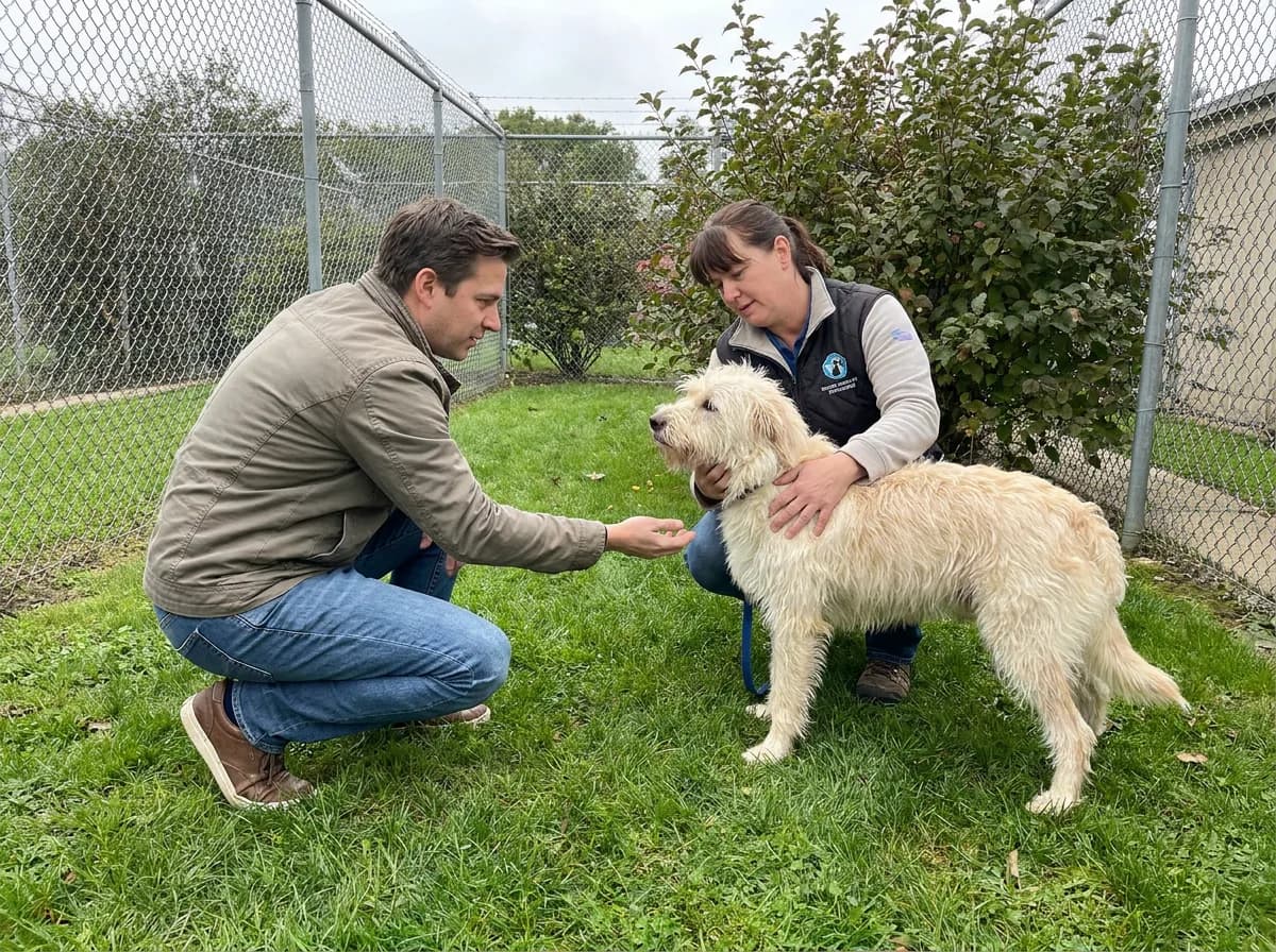 Person meeting a small cream dog with a shelter carer outdoors