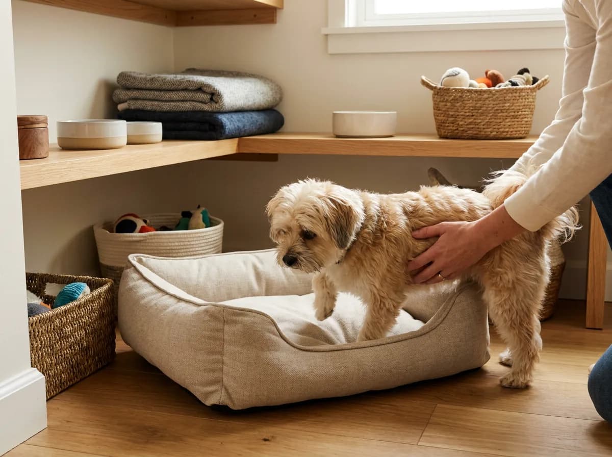 Person helping a cream Shorkie step toward a dog bed