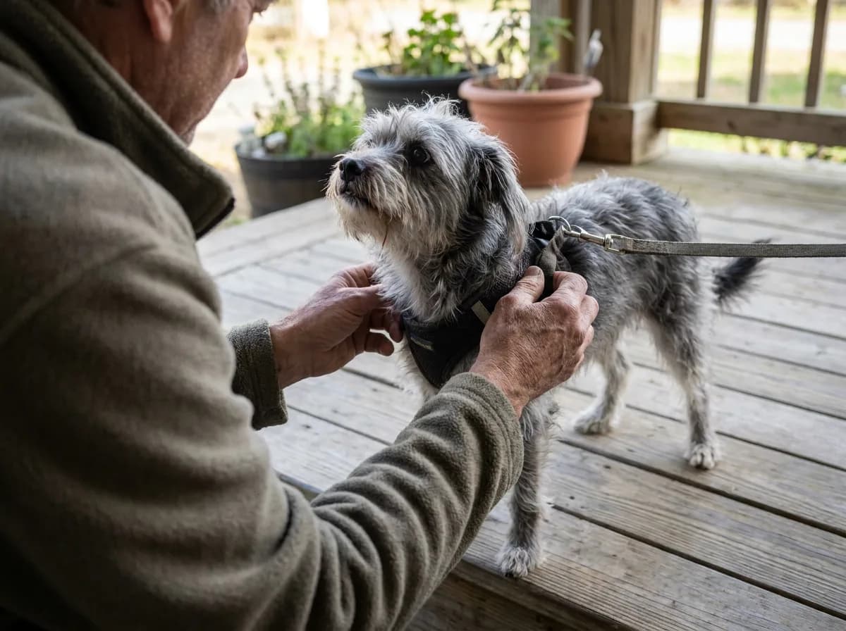 Person checking a harness on a gray Shorkie outdoors