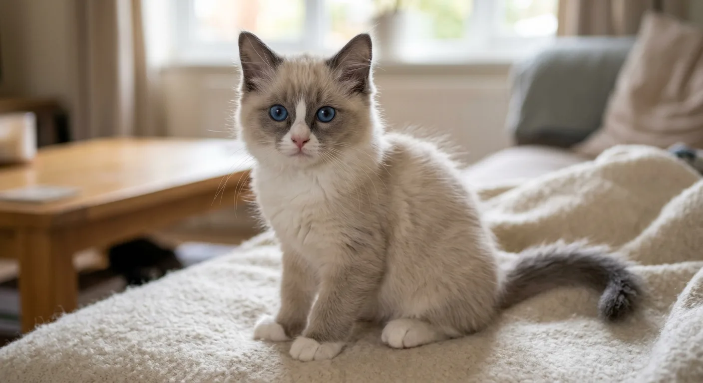 A young blue-point mitted Ragdoll kitten with white mitten paws and bright blue eyes and a short juvenile coat that has not yet grown to full length, sitting on a light blanket