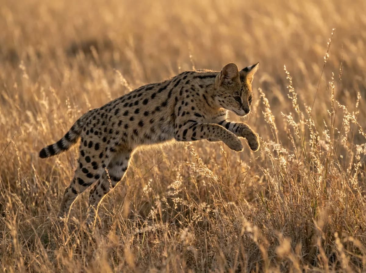 A serval pouncing through tall dry grass at sunset, front paws reaching forward and its banded tail trailing behind