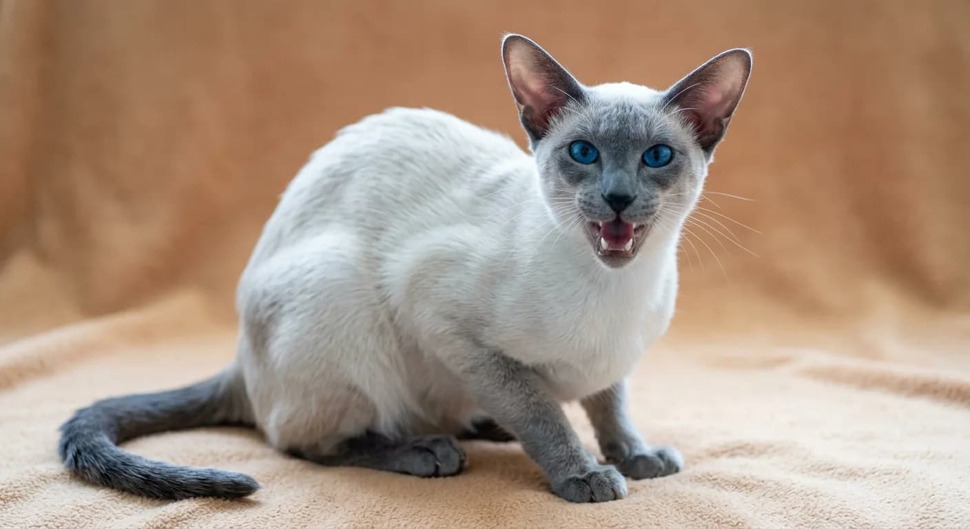 Blue point Siamese cat with a bluish-white body and slate-grey points, mouth open mid-meow, showing the breed vocal nature