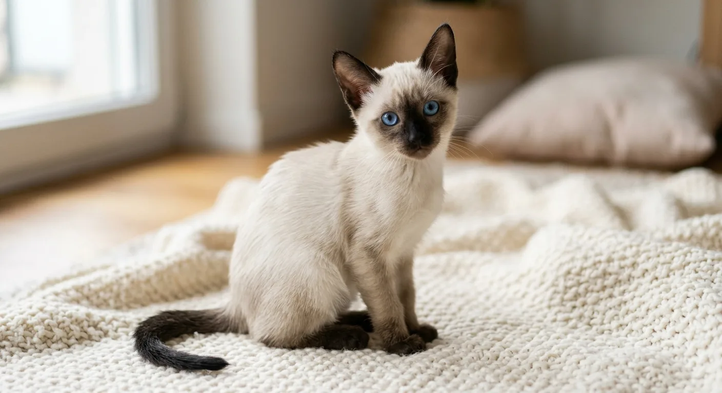Young Siamese kitten with developing seal points and bright blue eyes sitting upright on a soft blanket