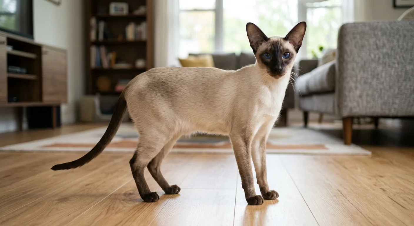 Modern show-style Siamese cat with a long slender body, fine wedge-shaped head, very large pointed ears, and a sleek short coat, standing alert