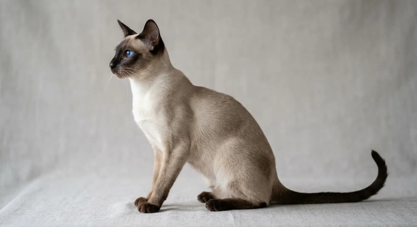 Seal point Siamese cat with a pale fawn body, dark seal-brown mask, ears, paws and tail, and vivid blue almond eyes, photographed in profile