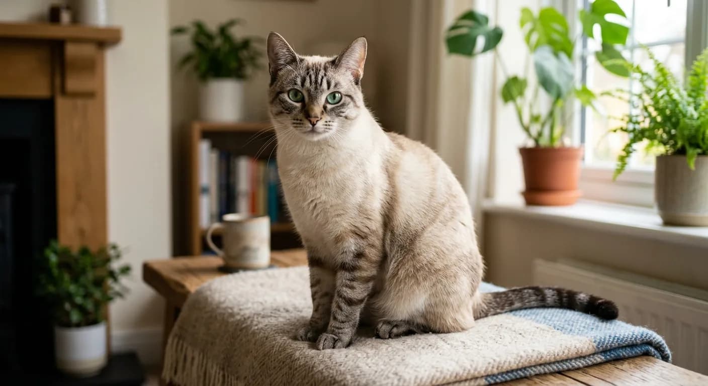 A Siamese tabby mix cat with soft seal points blended with faint tabby striping and blue-green eyes, sitting in a home