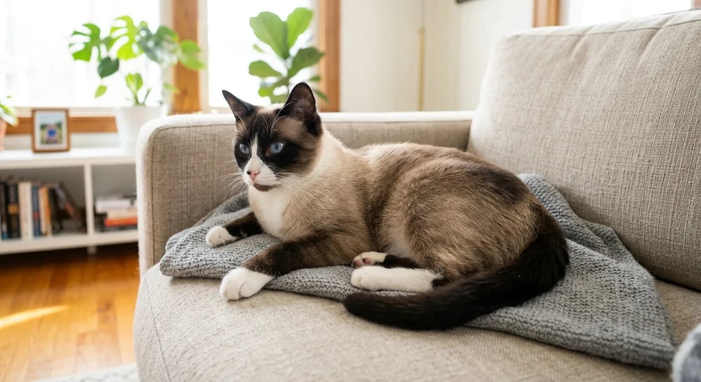 A snowshoe-style Siamese mix cat with seal points, white paws and a white muzzle blaze, and blue eyes on a couch
