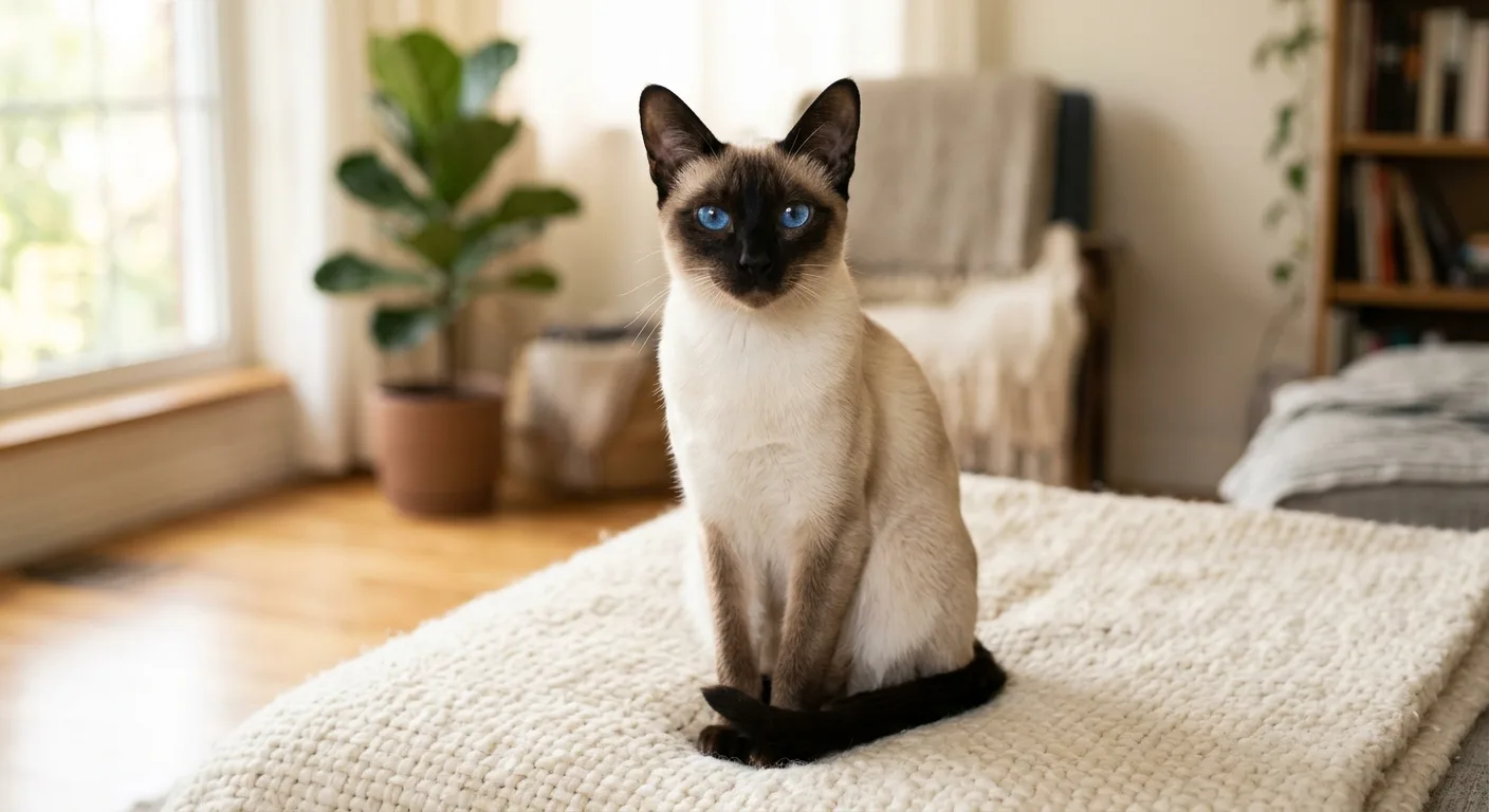 A seal point Siamese cat with bright blue almond-shaped eyes sitting upright on a soft surface in warm natural light