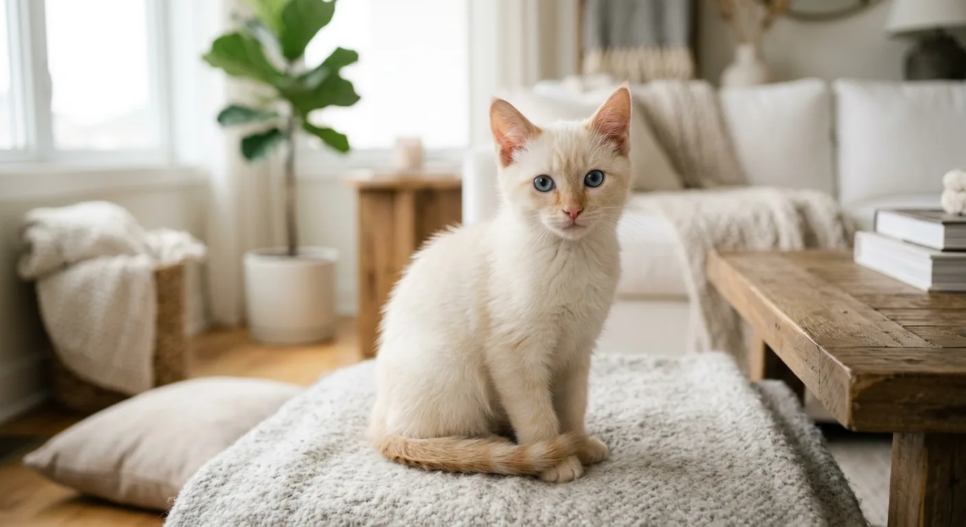 A flame point Siamese kitten with a creamy white coat, reddish-cream points, and blue eyes sitting in a bright home