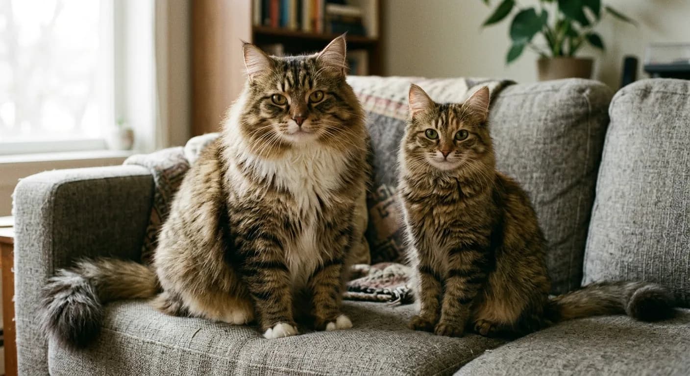 A larger broad-headed male Siberian cat with a thick neck ruff sitting beside a smaller more refined female Siberian on a couch, both semi-longhaired with bushy tails and tufted ears, showing the clear size difference