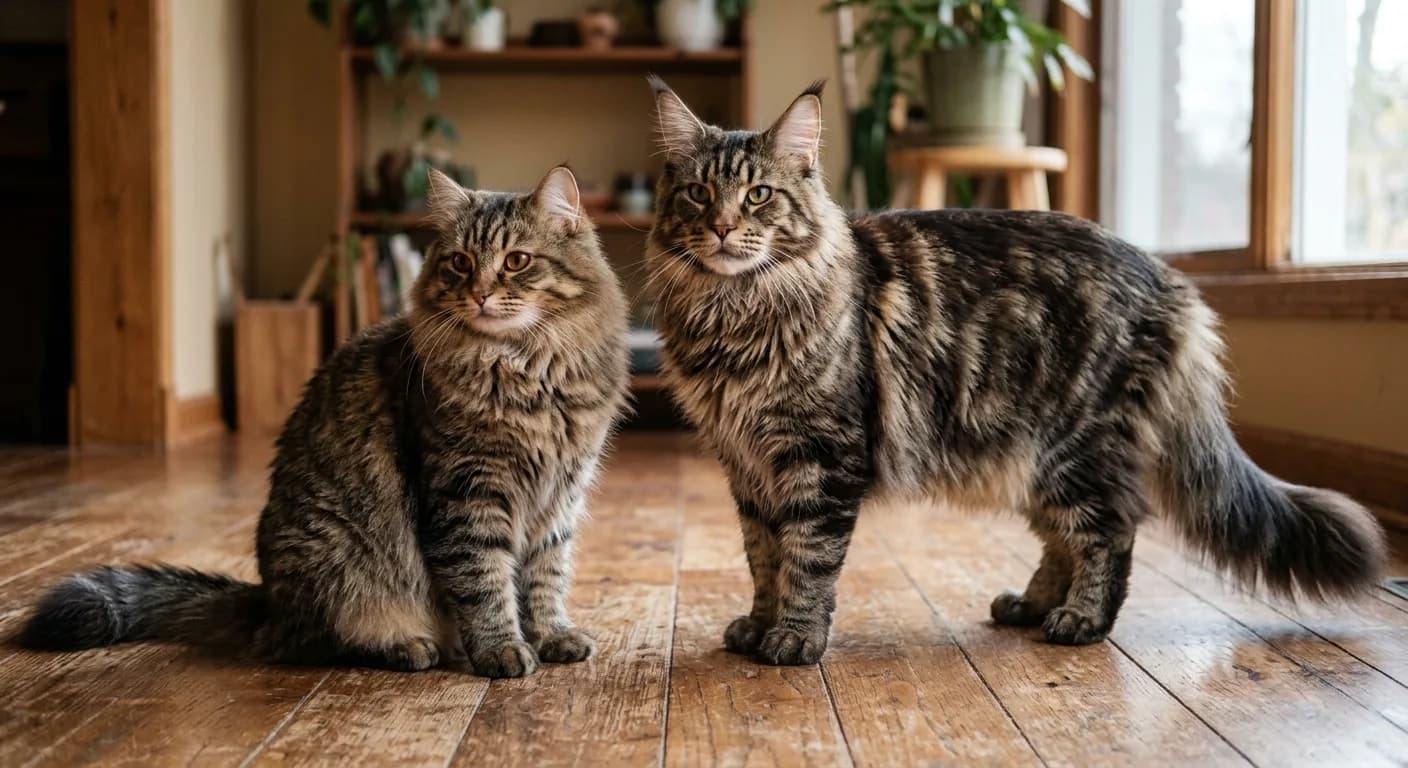A robust round-faced brown tabby Siberian cat sitting beside a noticeably longer and taller brown tabby Maine Coon with a more rectangular muzzle and longer body, both on a hardwood floor, illustrating the size gap