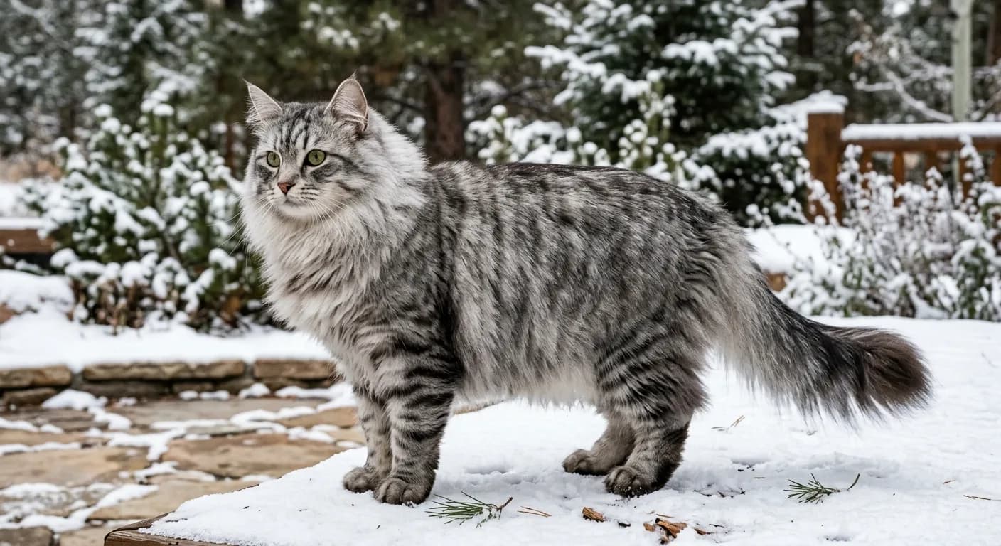 A silver tabby Siberian cat standing in profile on a snowy patio, showing its full ruff, shaggy britches, tufted paws, plumed tail, and rounded modified-wedge face with medium lynx-tipped ears and large green eyes
