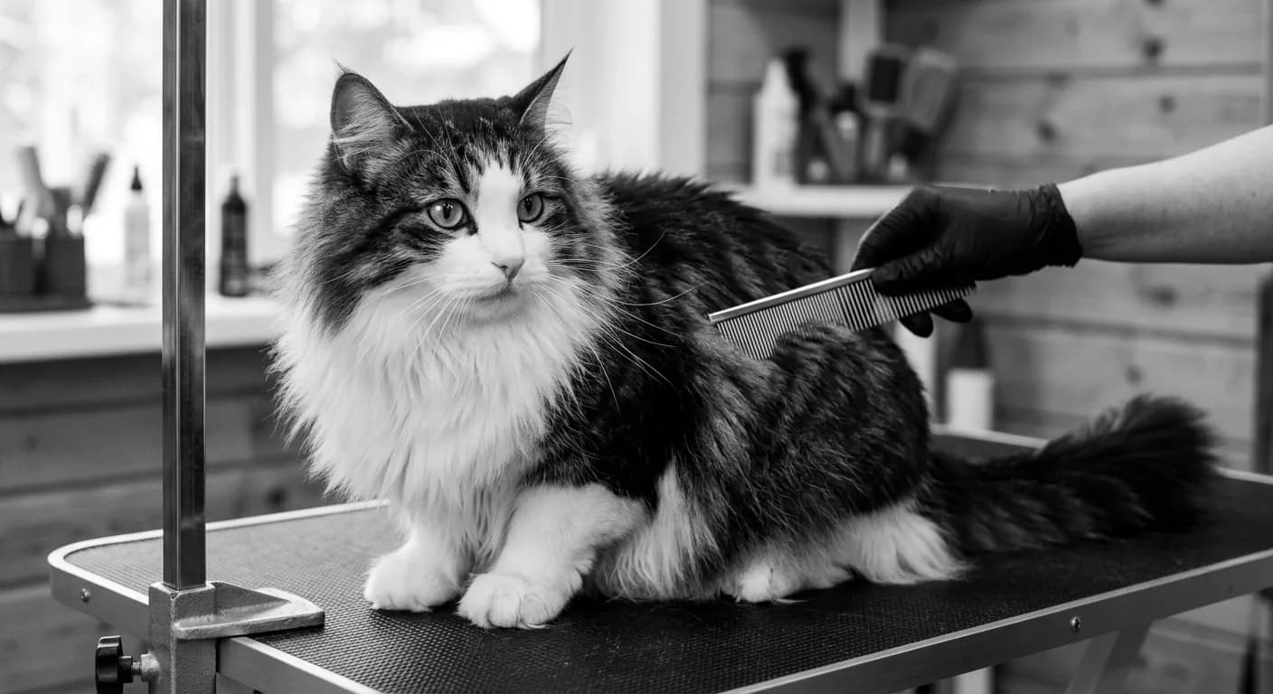 A black-and-white bicolor Siberian cat being combed with a stainless-steel comb on a grooming table, thick triple coat and full ruff visible, tufted paws and plumed tail, calm expression with large green eyes, soft natural light
