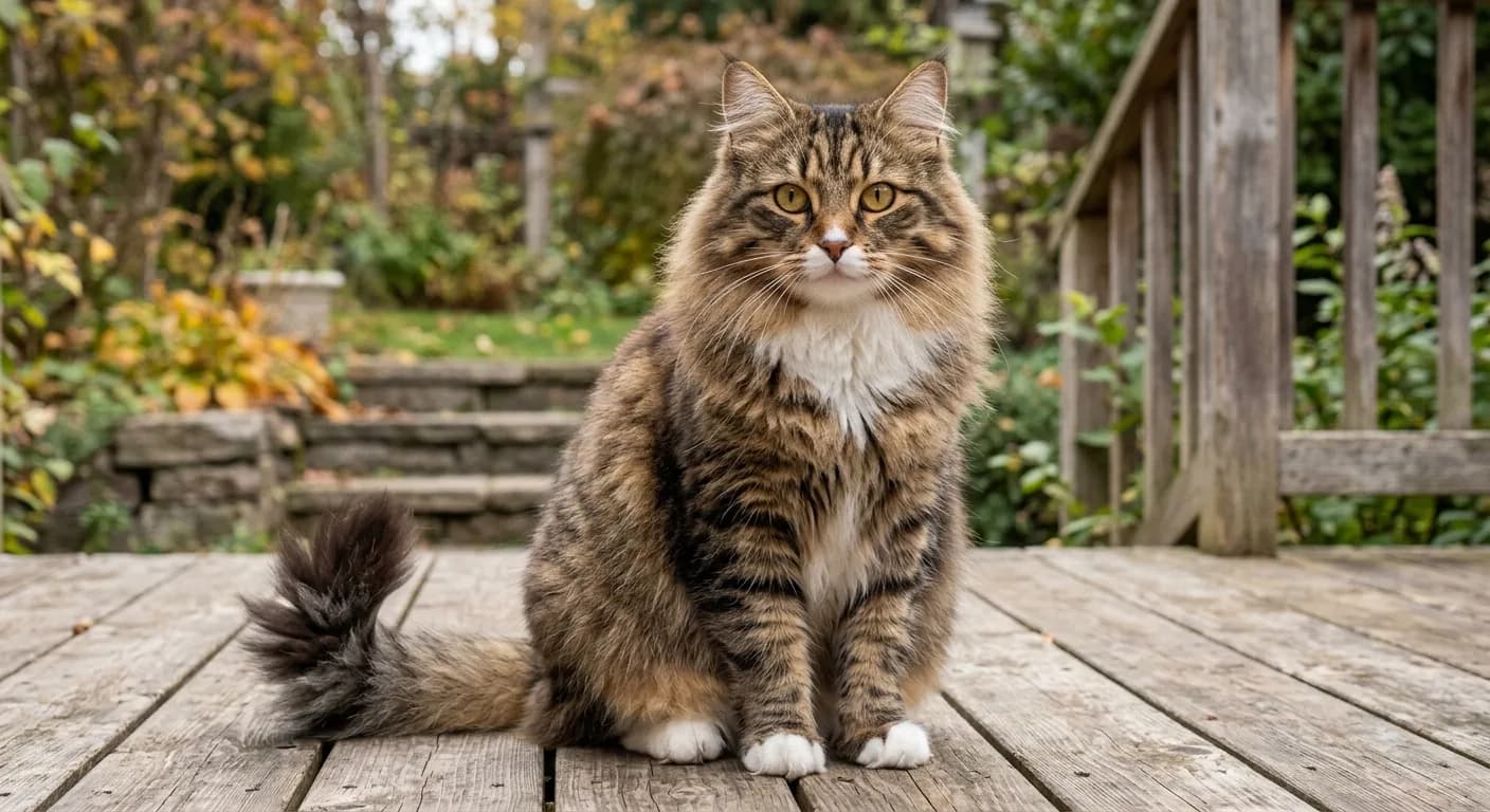 A large powerful brown-tabby-and-white Siberian cat with a dense triple coat, full neck ruff, shaggy britches, and a bushy plumed tail, sitting upright on a wooden deck with large round gold eyes, rounded modified-wedge face, and lynx-tipped ears