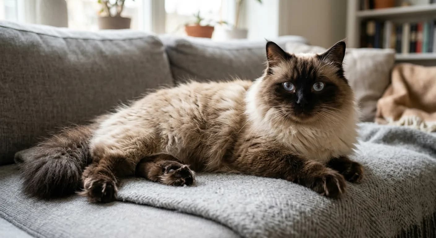 A seal-point Neva Masquerade Siberian cat with a pale cream body, dark brown points on the ears, mask, and legs, a full ruff and plumed tail, and large near-round blue eyes, lounging on a soft grey couch