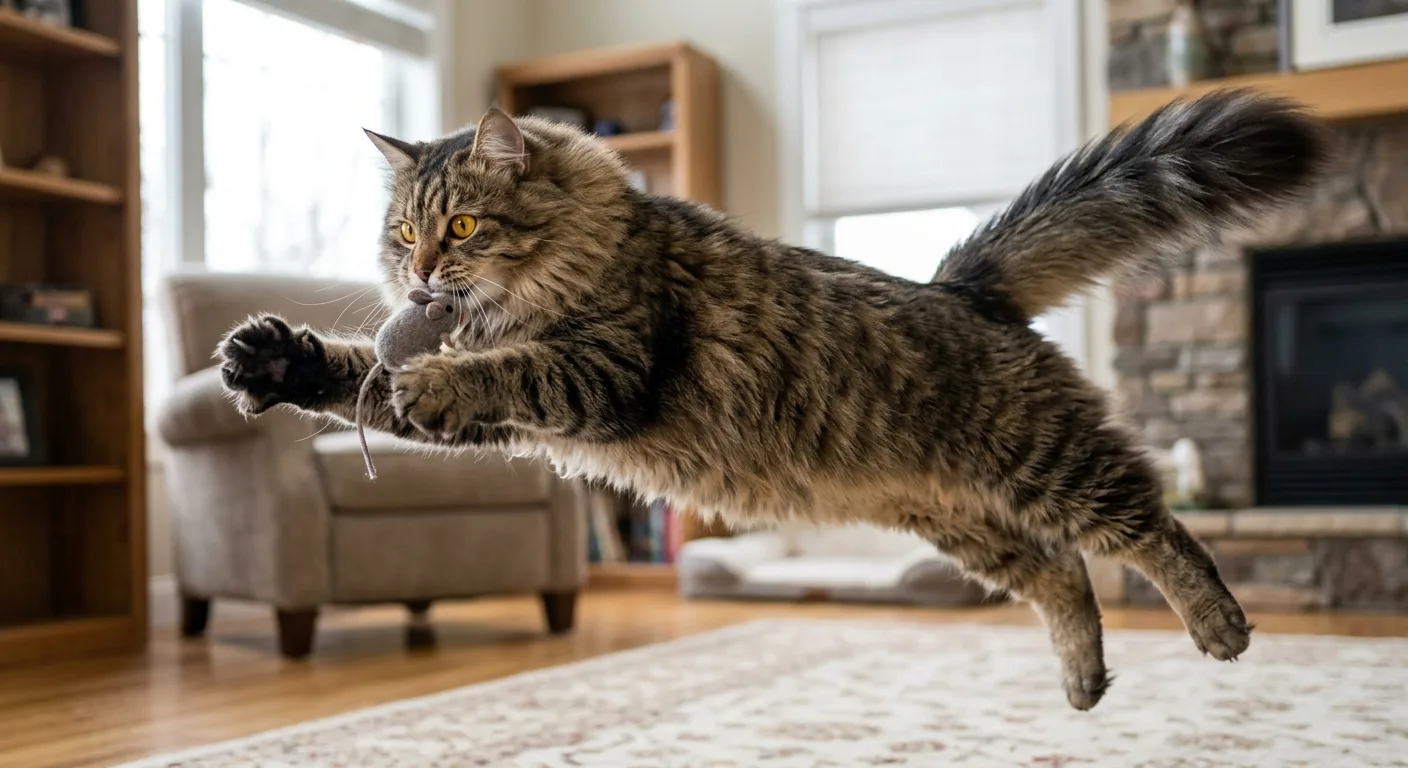A fluffy brown tabby Siberian cat mid-leap indoors catching a toy mouse, showing athletic powerful body, plumed tail streaming, tufted paws extended, bright gold round eyes focused, in a bright living room