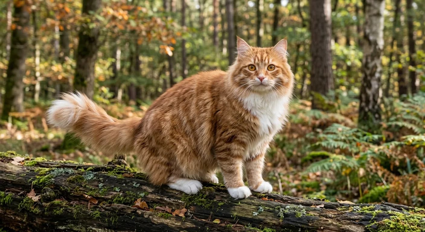 A red (orange) tabby-and-white Siberian cat perched on a moss-covered log in a forest clearing, powerful muscular build, dense weather-resistant triple coat, shaggy britches and bushy plumed tail, lynx-tipped ears, large round amber eyes alert