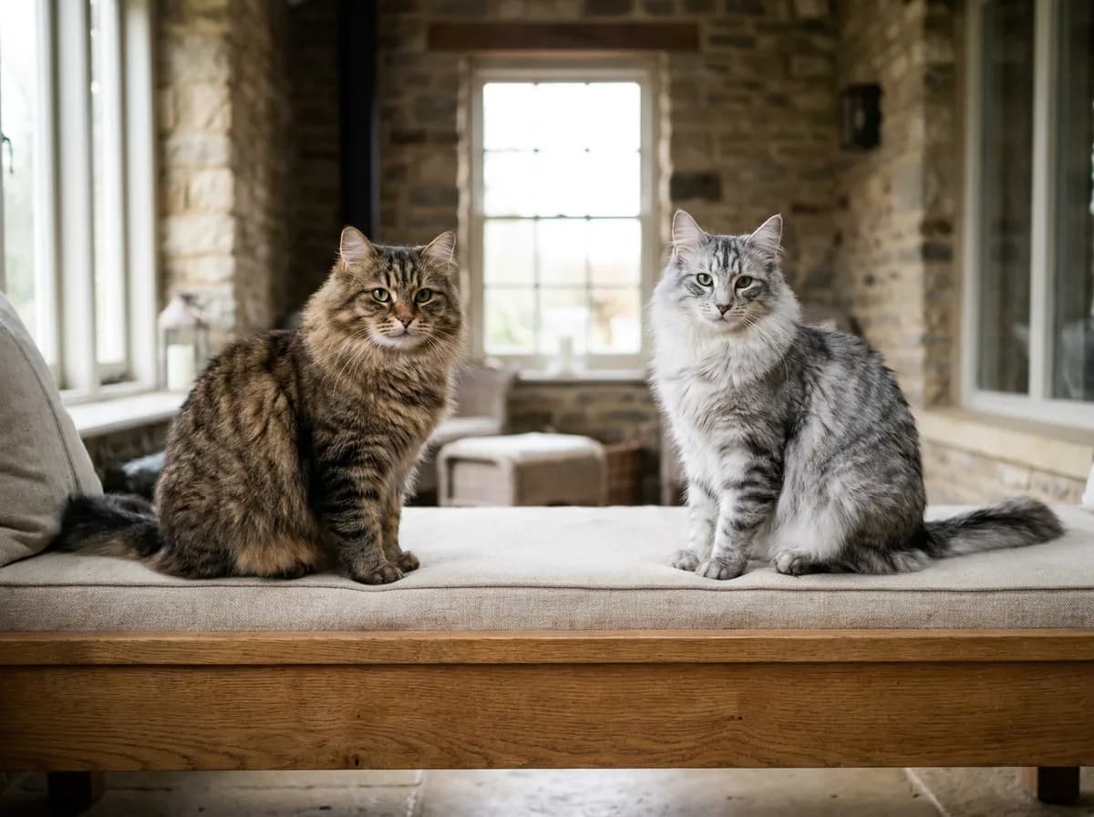 Brown and silver long-haired cats sitting apart on a broad indoor bench.