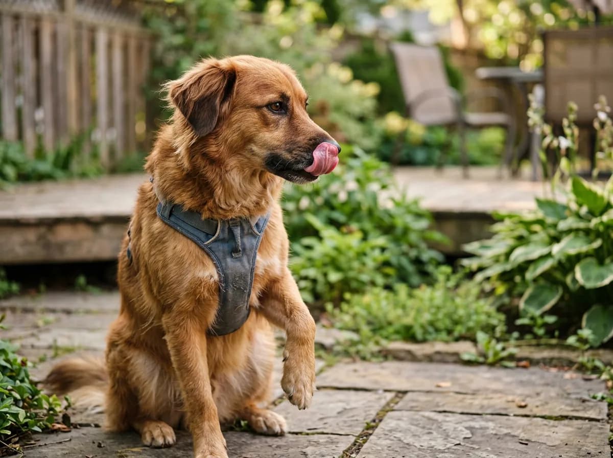 Dog displaying calming signals: head turn, lip licking, paw lift