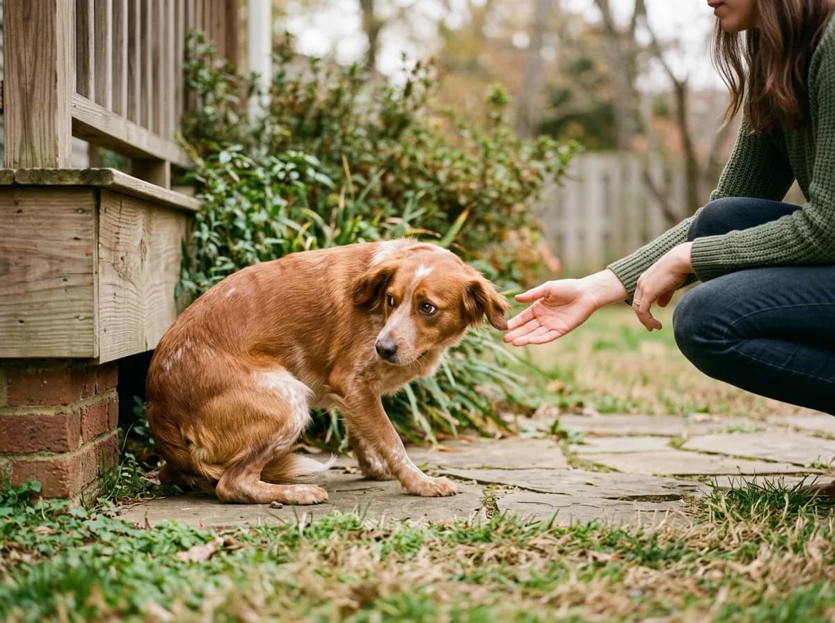 Dog anxious at veterinarian clinic: backing away, cowering