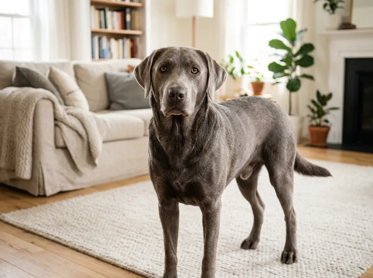 a silver Labrador retriever with its distinctive grey dilute coat illustrating What is a silver lab, exactly?