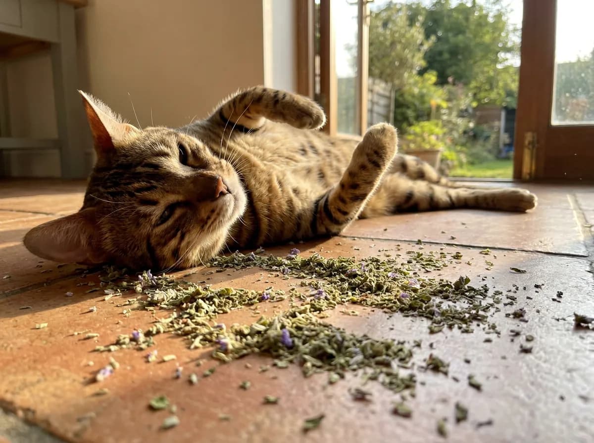 A spotted brown tabby cat lies on its back on terracotta tiles with its paws in the air, surrounded by scattered dried catnip leaves and small purple flowers.