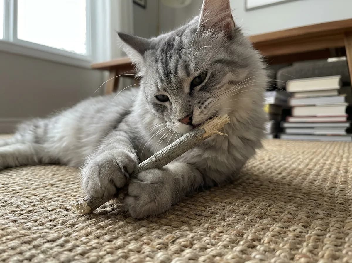 A fluffy silver tabby cat lies on a woven jute rug, holding a thin dried silvervine stick with its front paws and chewing the frayed end.