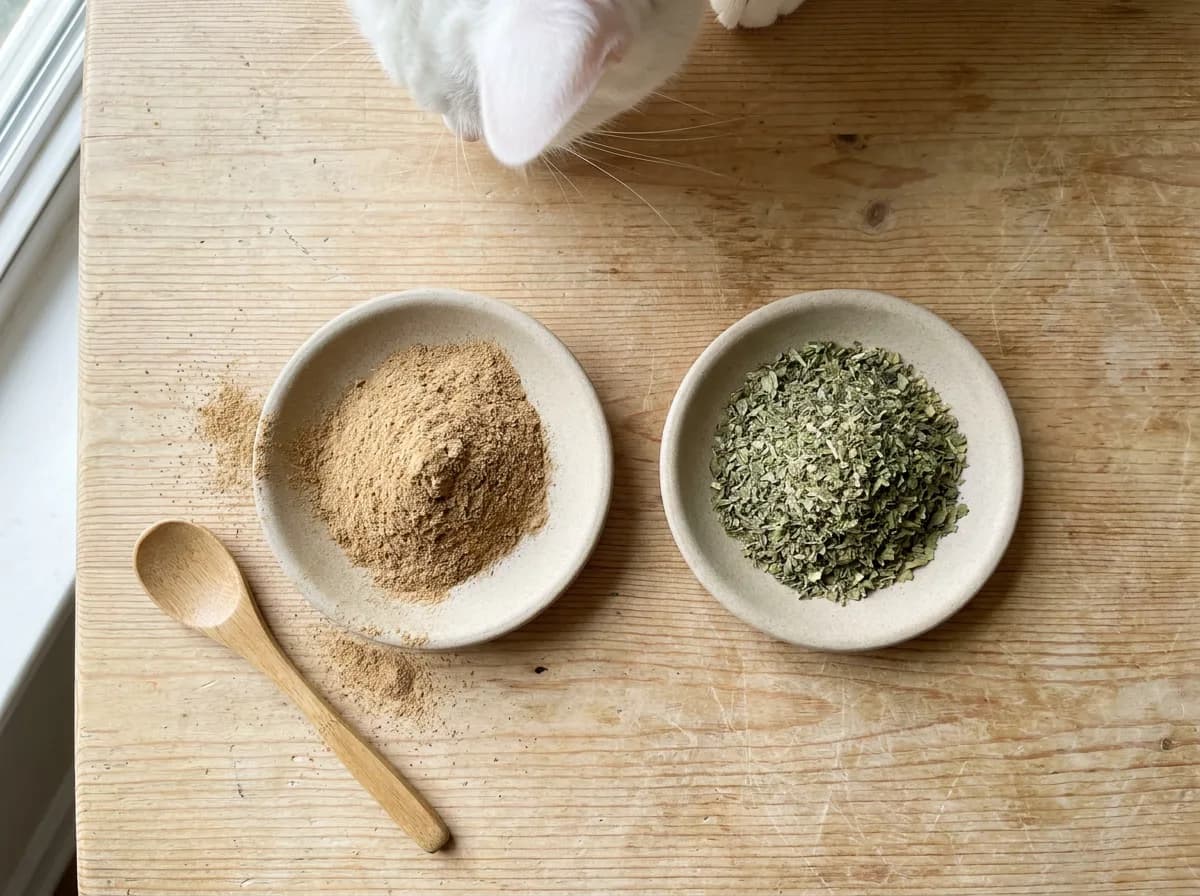 An overhead view of two stoneware dishes on a pale wooden table, one holding fine tan silvervine powder and the other coarse crumbled dried catnip leaves, with a small wooden spoon beside them.