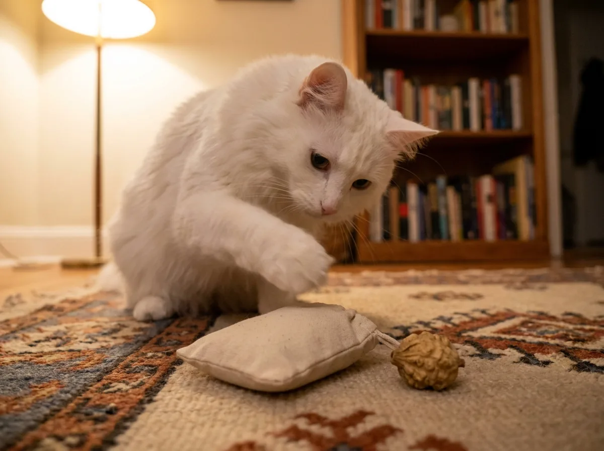 A white long-haired cat crouches on a patterned wool rug and reaches one paw toward a plain cream fabric toy pouch, with a small wrinkled tan silvervine gall fruit beside it.