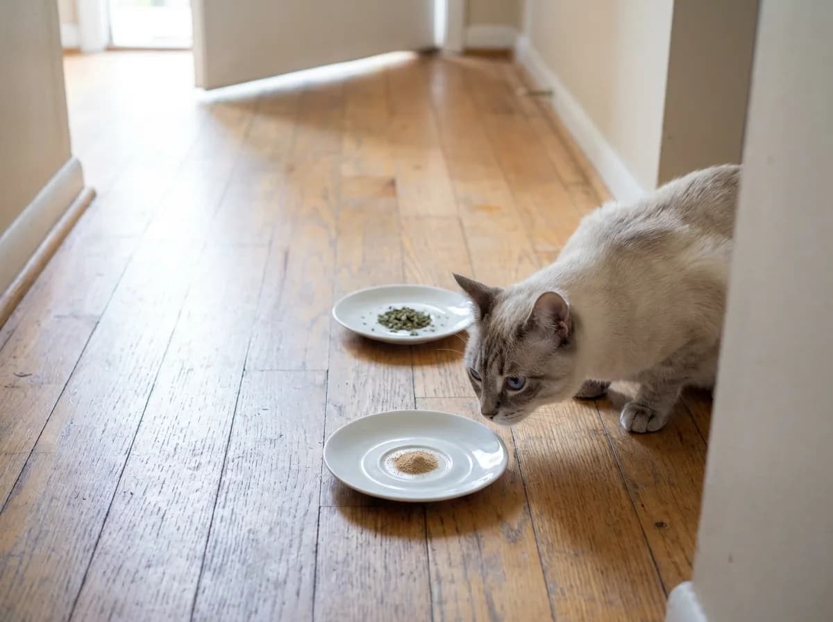 A cream and gray cat with blue eyes crouches on a wood hallway floor and sniffs a white saucer of tan silvervine powder, with a second saucer of crumbled catnip leaf beyond it.
