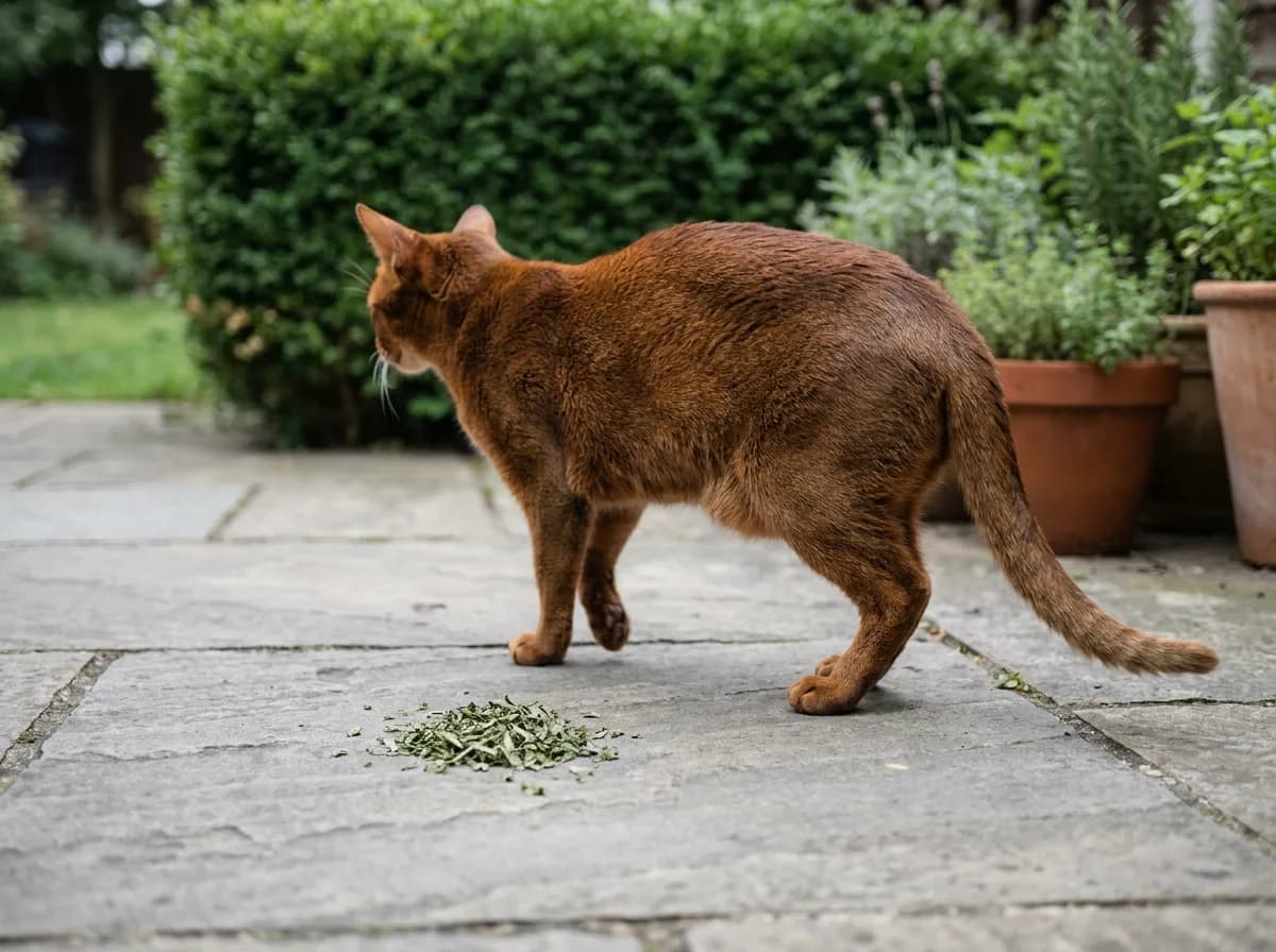 A ruddy-coated cat walks away across a gray flagstone path, leaving a small pile of crumbled dried leaves on the stone behind it, with a green hedge and terracotta pots in the background.