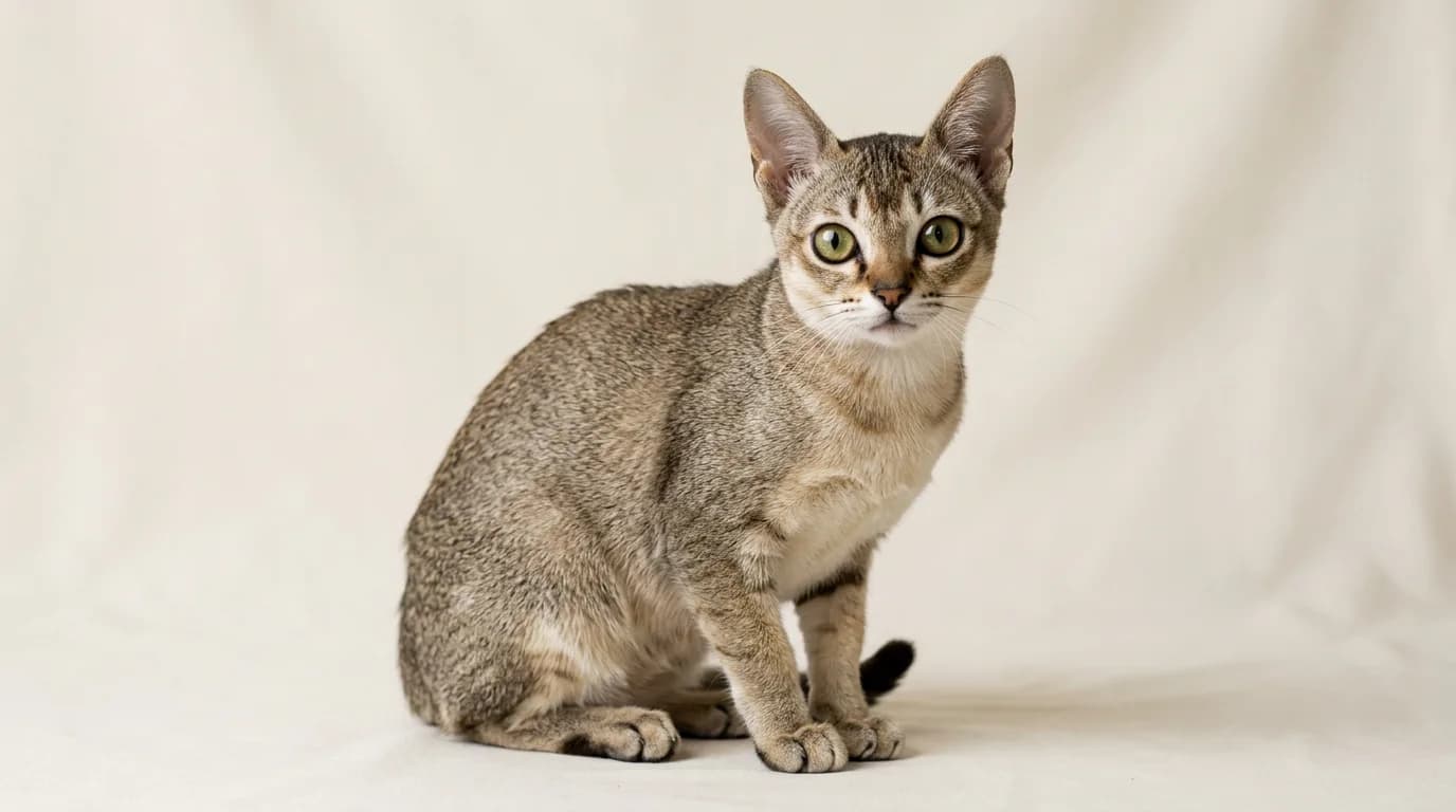 A petite sepia-agouti ticked Singapura cat with large hazel eyes and big ears sitting upright on a plain studio backdrop.