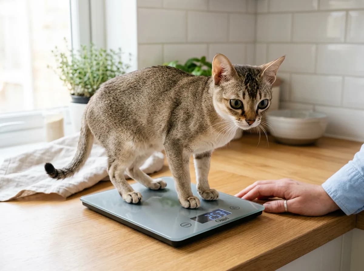 A small Singapura cat being gently weighed on a kitchen scale during a home health check.