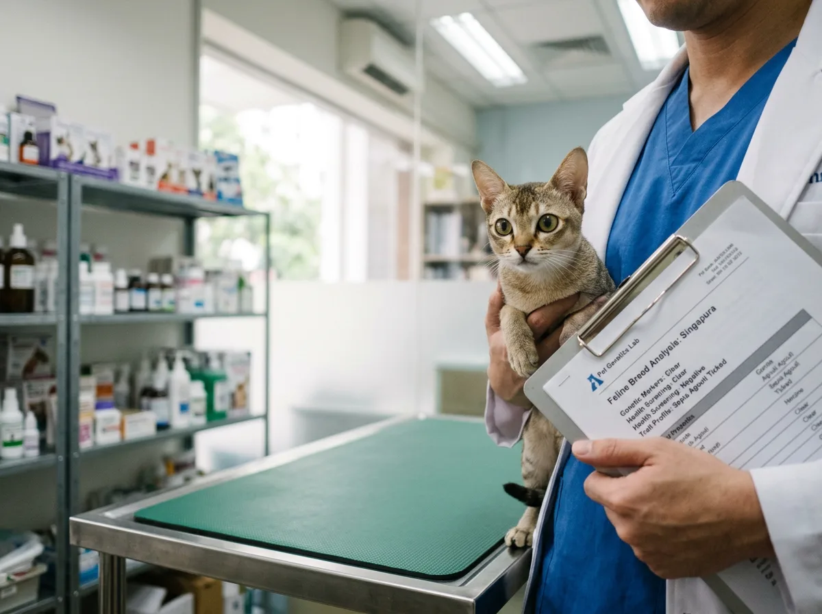 A veterinarian holding a small Singapura cat and reviewing a genetic test report on a clipboard in an exam room.