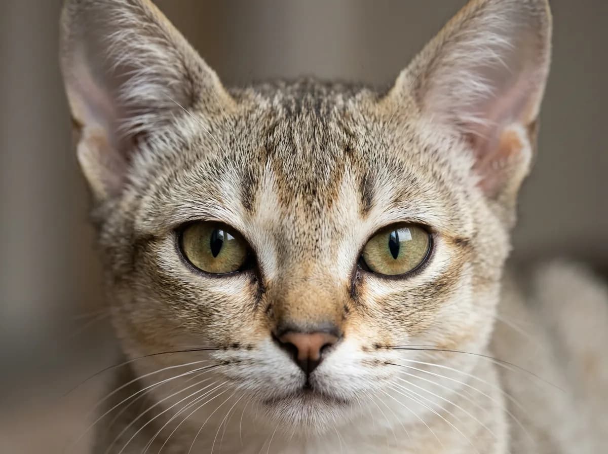 A close-up of a Singapura cat's face showing its large almond-shaped eyes and ticked coat.