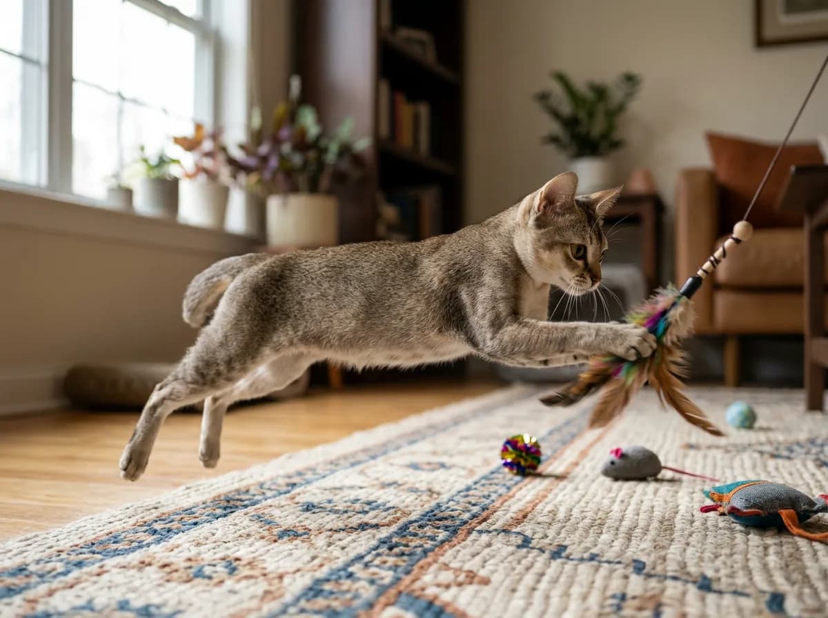 A Singapura cat playing indoors with a feather wand toy.