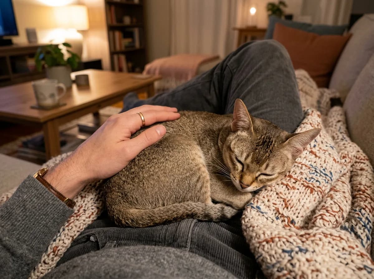 A small Singapura cat curled up affectionately in its owner's lap on a sofa.