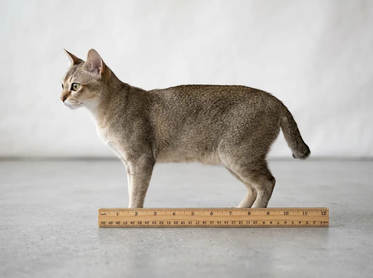 A Singapura cat standing in profile next to a 12-inch ruler that shows its short body length.